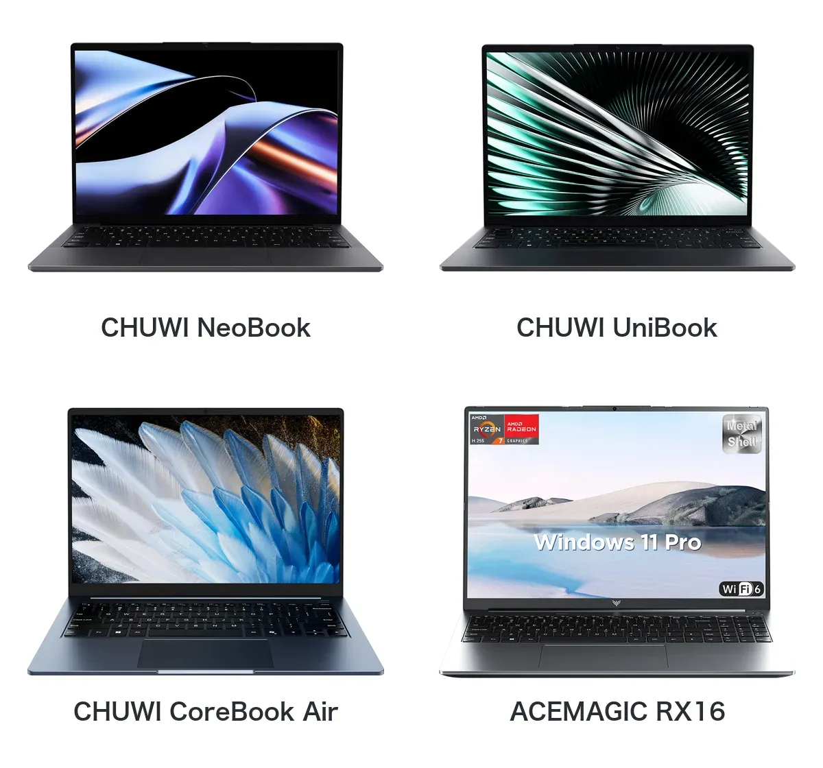 CHUWI NeoBook、UniBook、CoreBook Air、ACEMAGIC RX16の公式製品画像