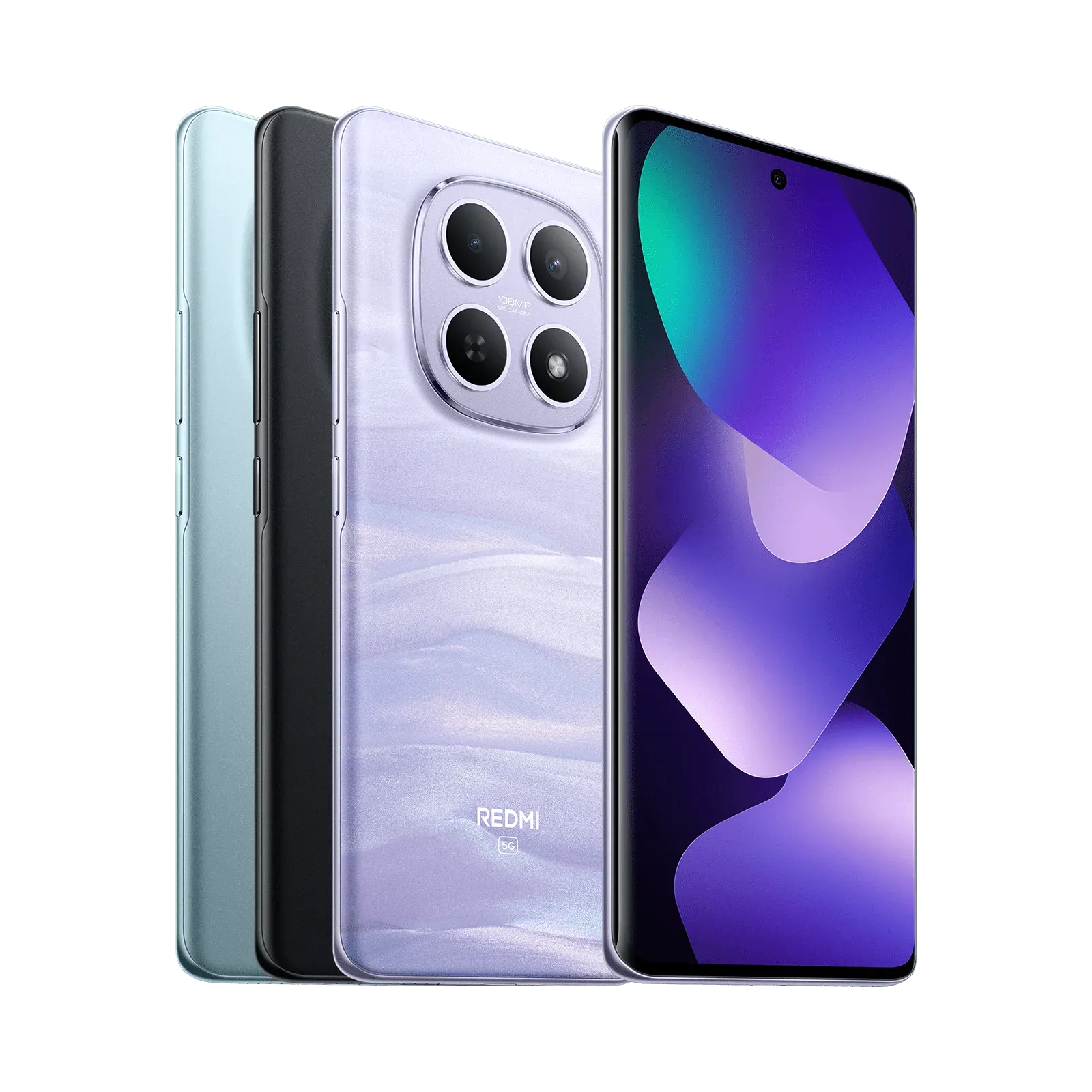 REDMI Note 15 5Gの公式製品画像。3色の背面と前面が並ぶ