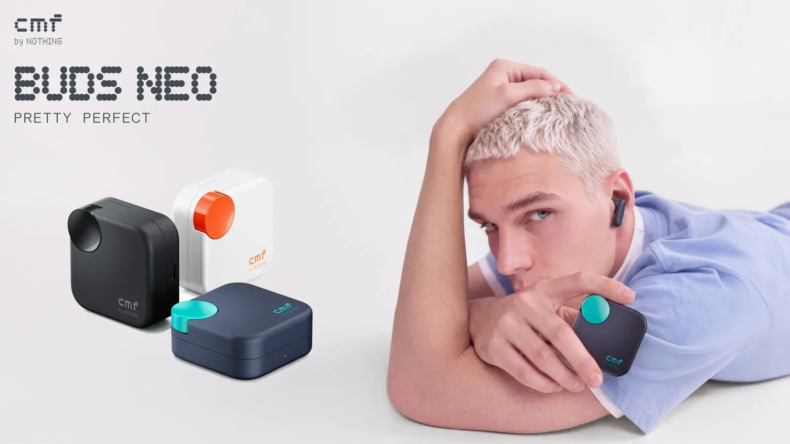 CMF Buds Neoの公式プレス画像。3色の充電ケースとイヤホンを着けたモデル