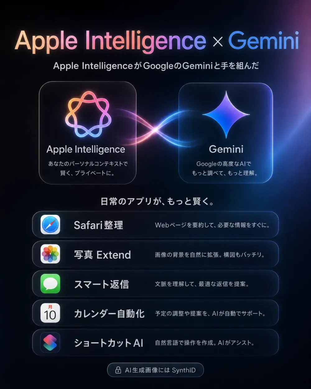 Apple Intelligence × Gemini。あなたのパーソナルコンテキストで賢くプライベートなApple Intelligenceと、Googleの高度なAI Geminiが連携。Safari整理／写真Extend／スマート返信／カレンダー自動化／ショートカットAI。AI生成画像にはSynthID