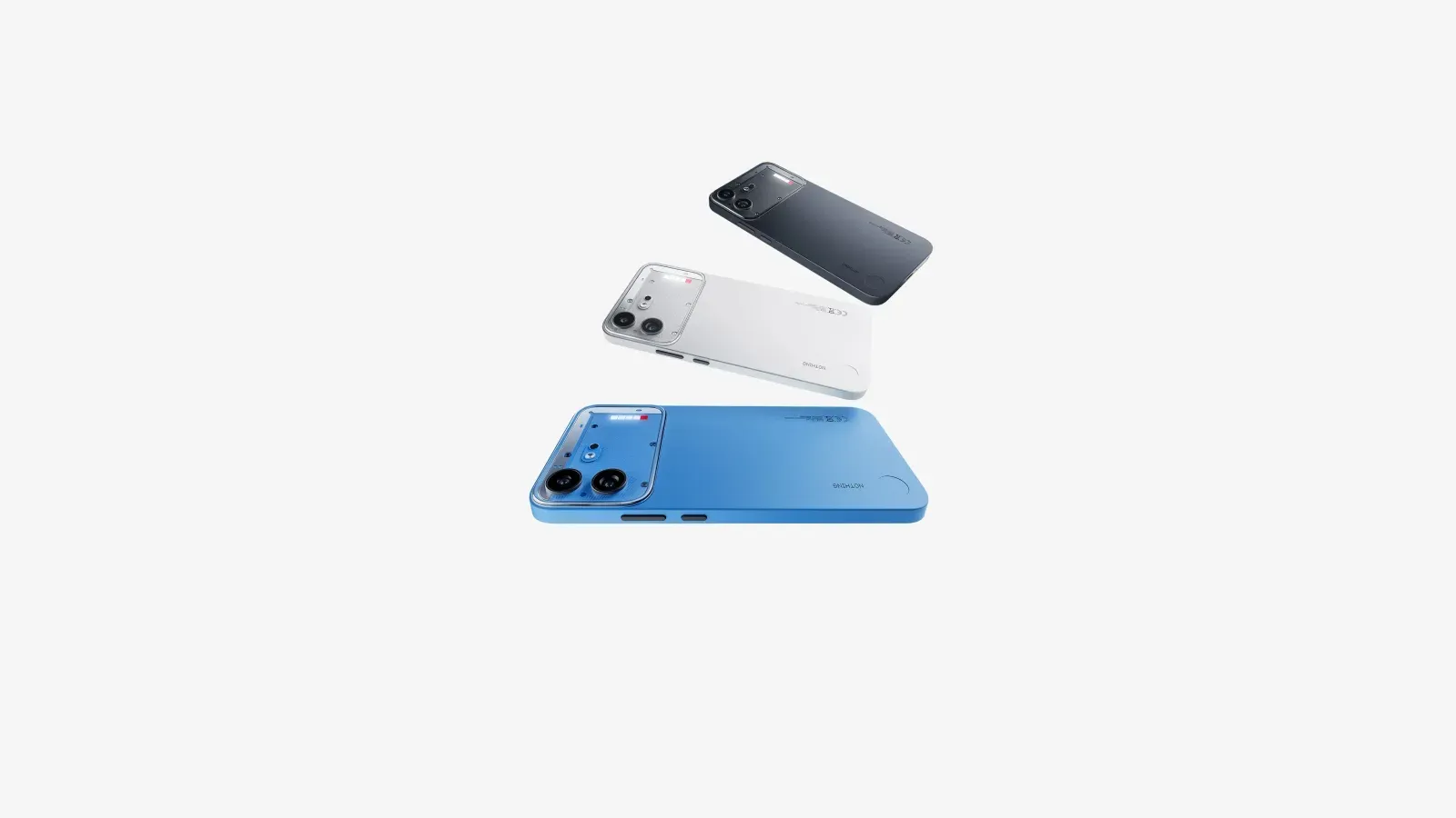 Nothing Phone (4b)の公式製品画像。ホワイト、ブラック、ブルーの3色が並ぶ