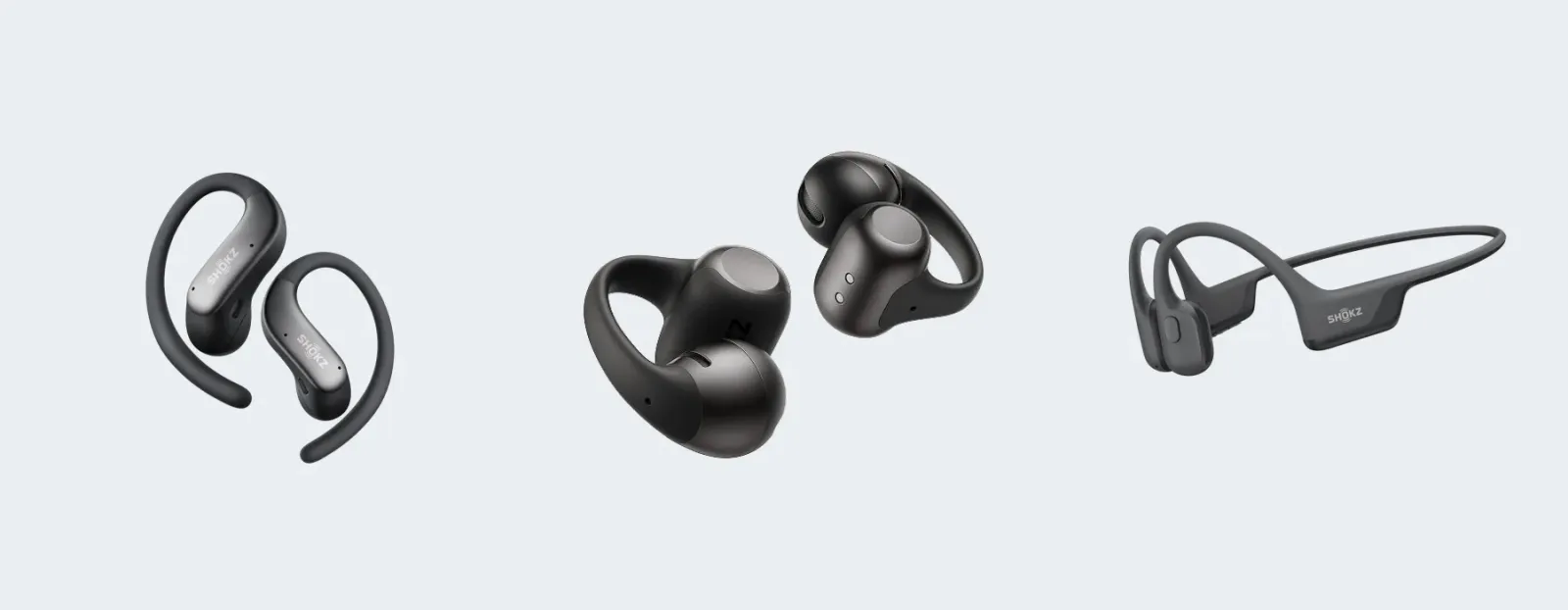 Shokzの公式製品画像(左からOpenFit Air 2、OpenDots 2、OpenRun Air 2)
