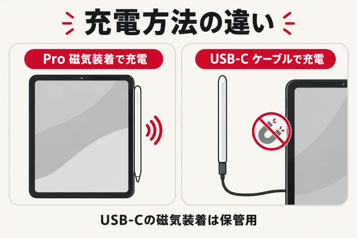 充電方法の違い：Proは磁気装着で充電、USB-Cはケーブルで充電。USB-Cの磁気装着は保管用