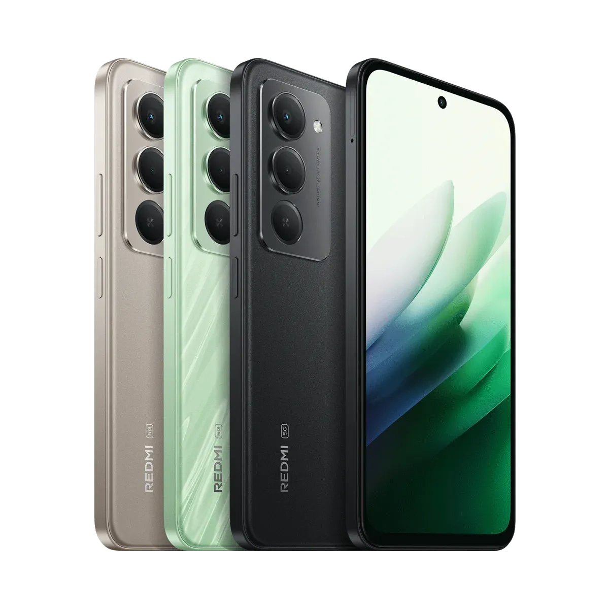 REDMI 15 5Gの公式製品画像。3色の背面と前面が並ぶ