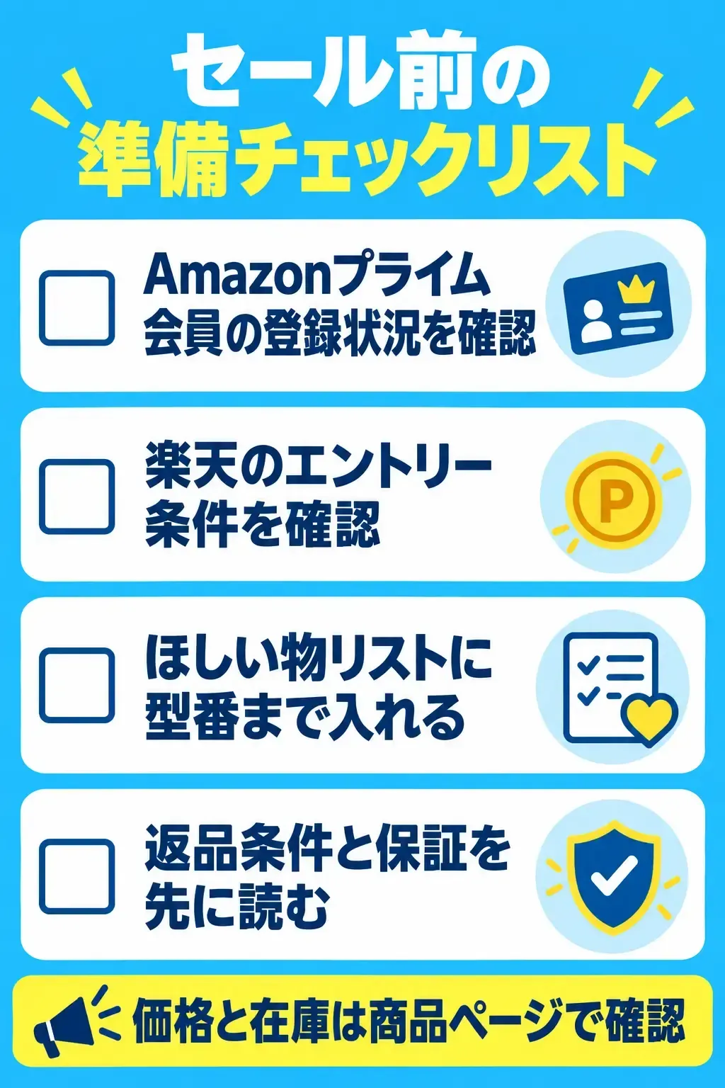 セール前の準備チェックリスト。プライム会員、楽天のエントリー、ほしい物リスト、返品条件と保証