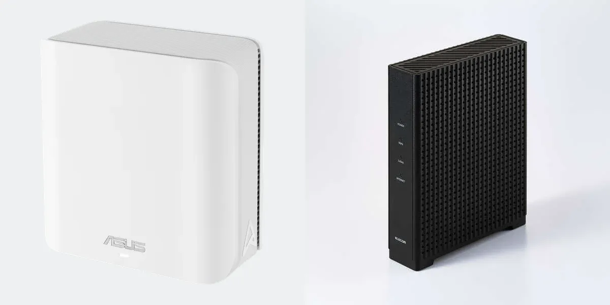 ASUS RT-BE3600J Pro(左、ホワイト)とエレコム WRC-BE36GS-B(右)の公式製品画像。縮尺は実物の大きさと一致しません