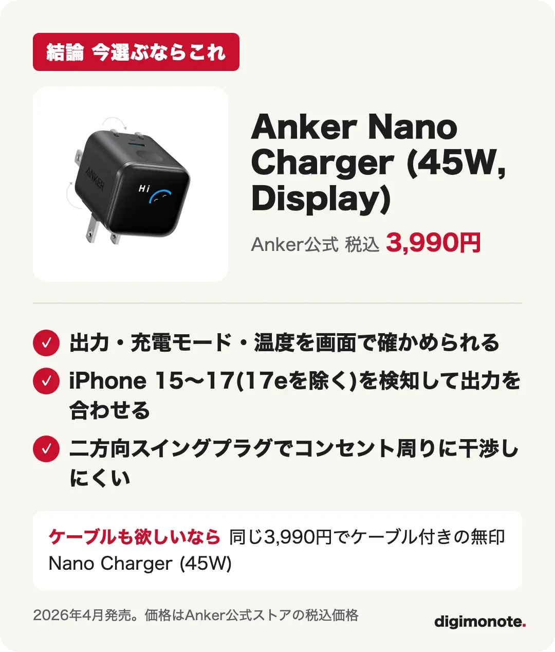 Anker Nano Charger 45W Displayを選ぶ理由3つと、ケーブルも欲しい人の選択肢