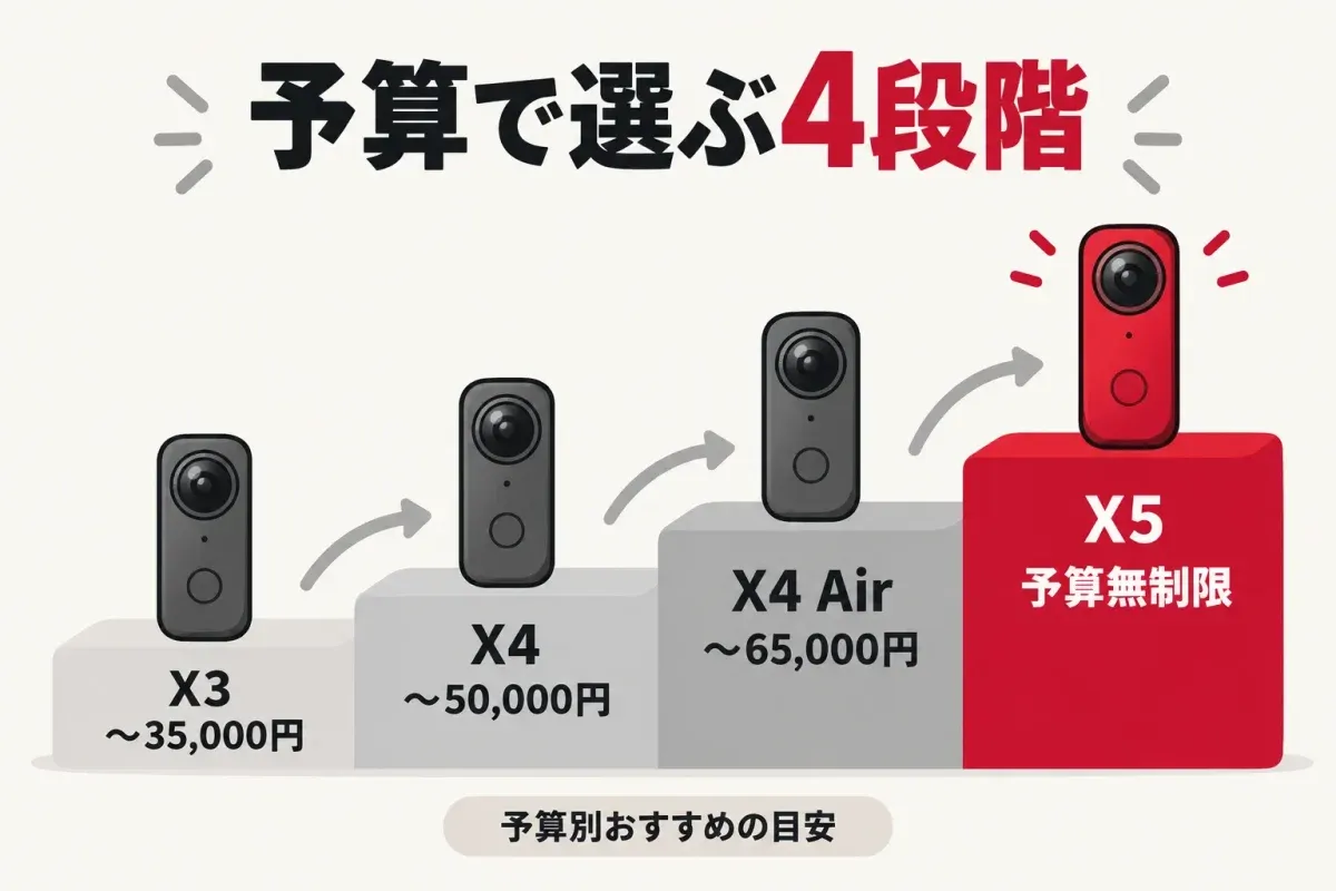 予算別のおすすめ。35,000円まではX3、50,000円まではX4、65,000円まではX4 Air、予算無制限ならX5という階段図