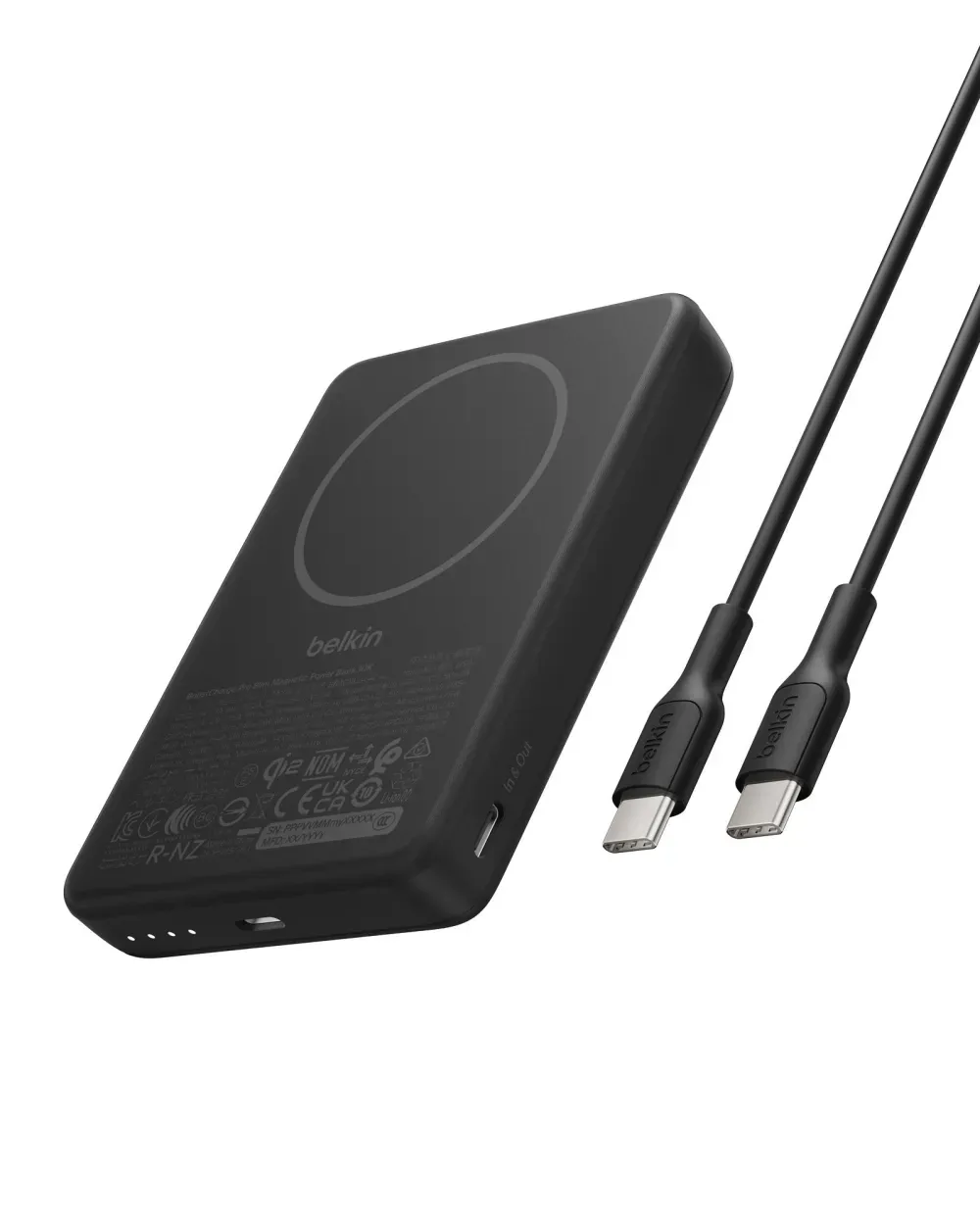 Belkin BoostCharge Slim 10K Qi2対応(BPD018、ブラック)の公式製品画像。背面のマグネットリングとUSB-Cケーブルが写っている