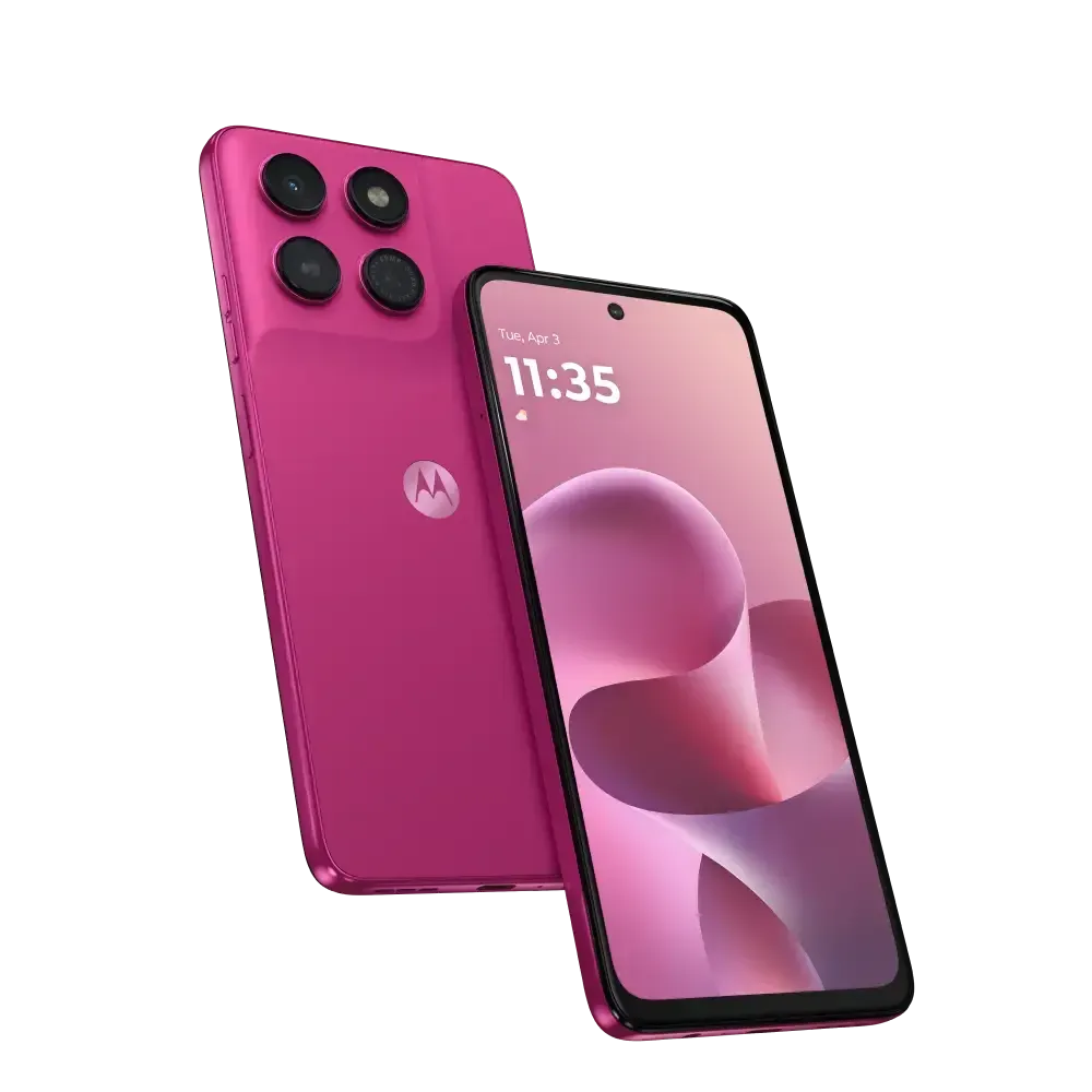 moto g37jの公式製品画像。フューシャレッドの背面と前面が見える