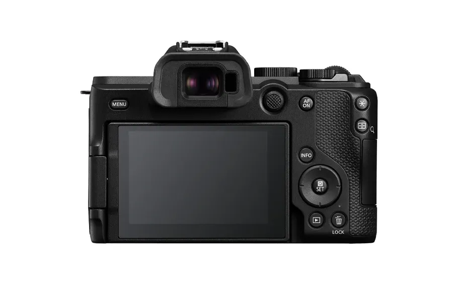 EOS R8 Mark IIを背面から見た公式製品画像。ファインダーと背面モニター、マルチコントローラーが見える