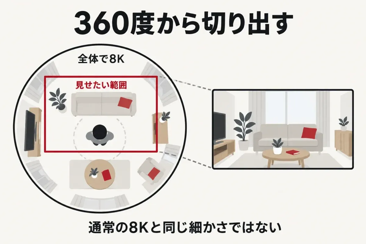 360度から切り出す。全体で8Kでも、見せたい範囲は通常の8Kと同じ細かさではない