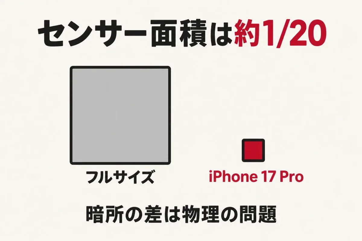 センサーの大きさの違い。iPhone 17 Proのセンサーはフルサイズの約1/20の面積で、暗所の余裕に差が出る図解