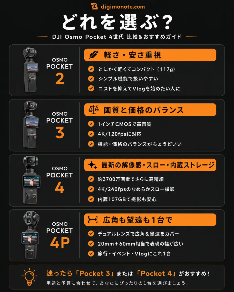 DJI Osmo Pocketの選び方。軽さならPocket 2、バランスなら3、最新なら4、望遠も欲しいなら4P