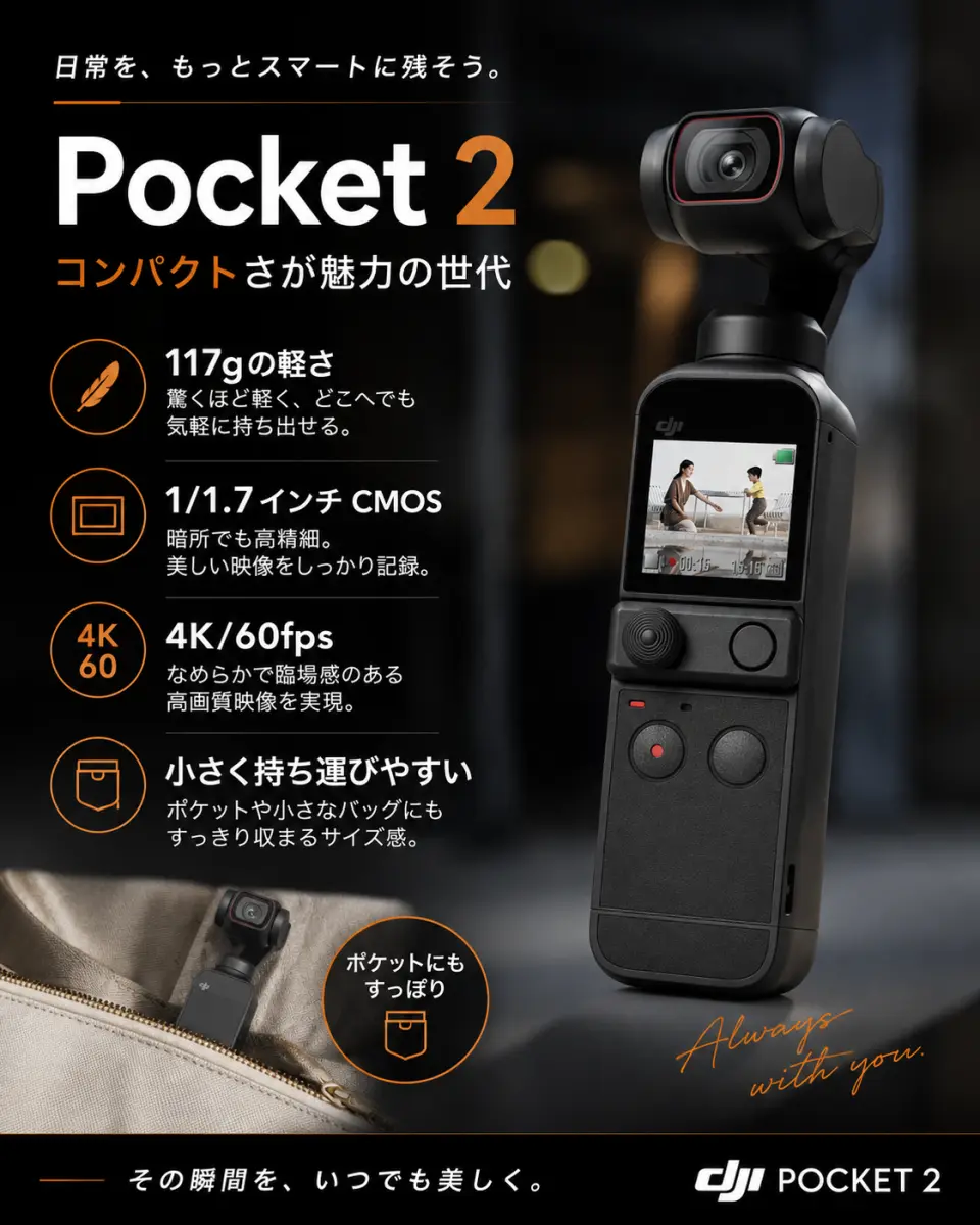 DJI Pocket 2。1/1.7インチ6400万画素・4K60fps・117gと軽量なコンパクトモデル