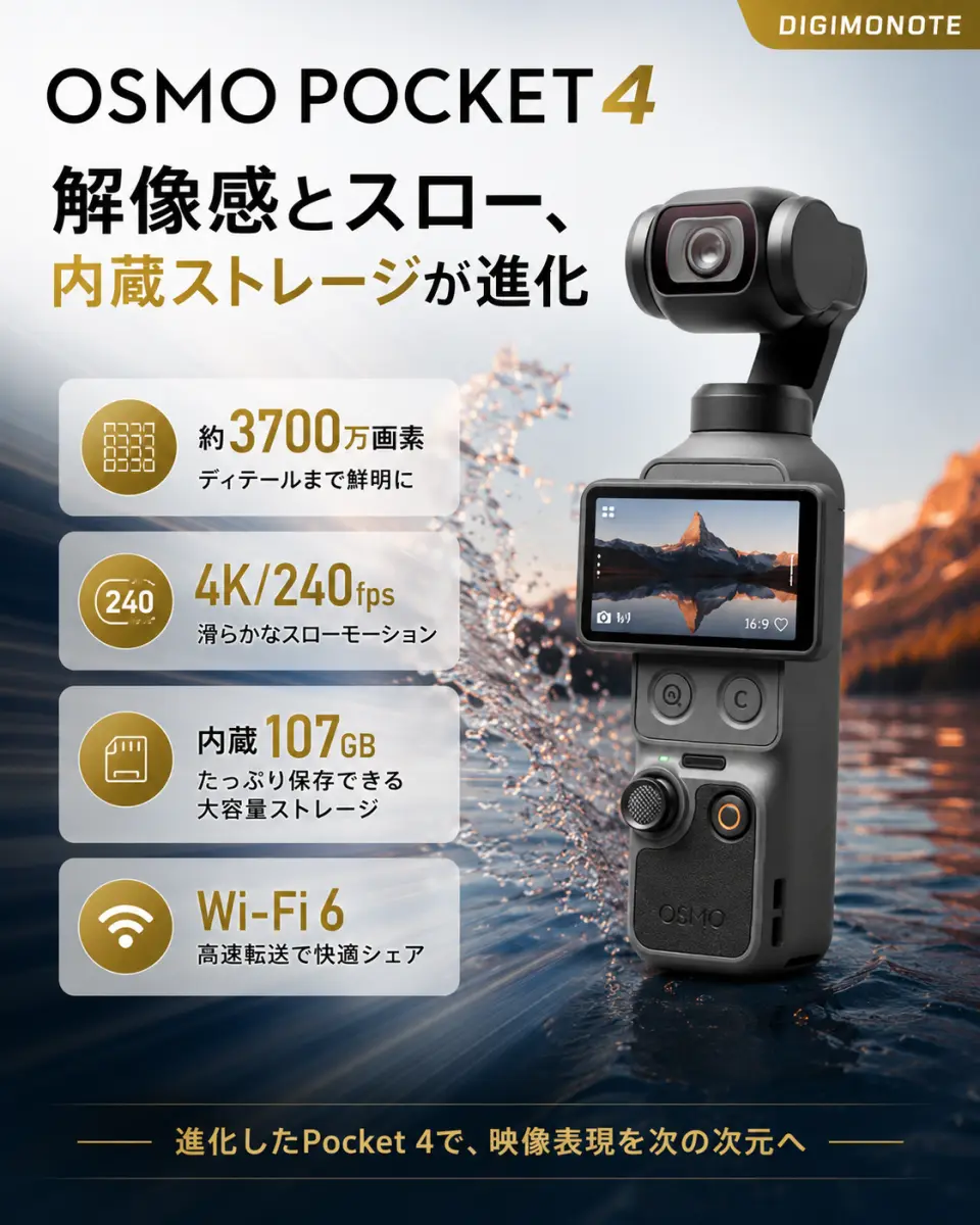 DJI Osmo Pocket 4。約3700万画素・4K240fps・内蔵107GBストレージに進化
