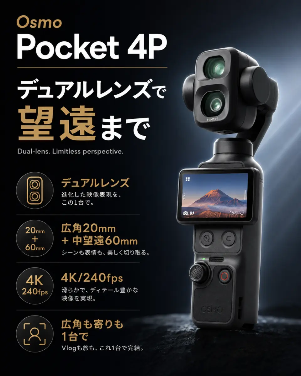 DJI Osmo Pocket 4P。広角＋中望遠のデュアルレンズを搭載した最上位モデル