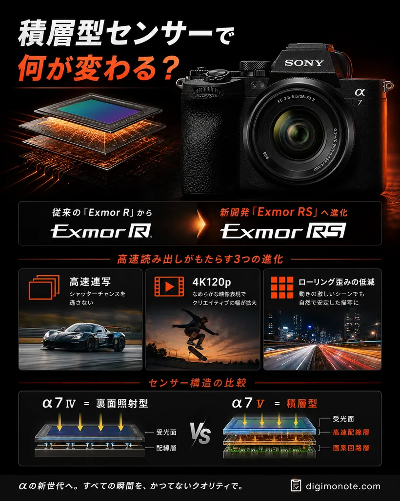積層型センサーで何が変わるか。従来の裏面照射型Exmor Rから新開発の積層型Exmor RSへ進化し、高速連写・4K120p・ローリング歪みの低減を実現