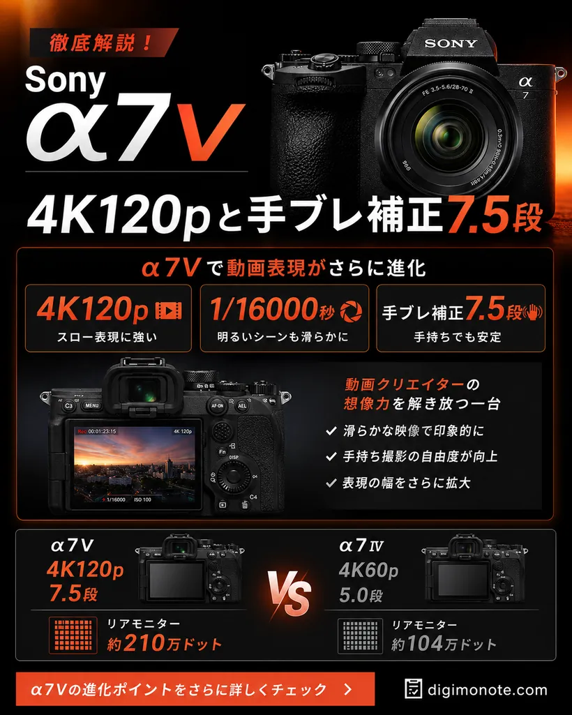 α7Vで動画表現がさらに進化。4K120pのスロー表現、1/16000秒の高速シャッター、手ブレ補正7.5段、背面モニターは約210万ドットに高精細化