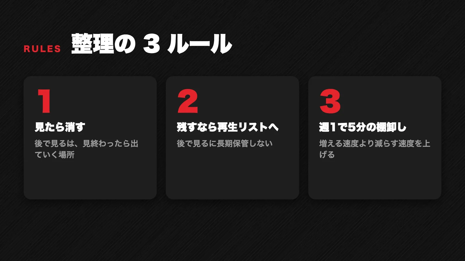 整理の3ルール。見たら消す、残すなら再生リストへ、週1で棚卸し